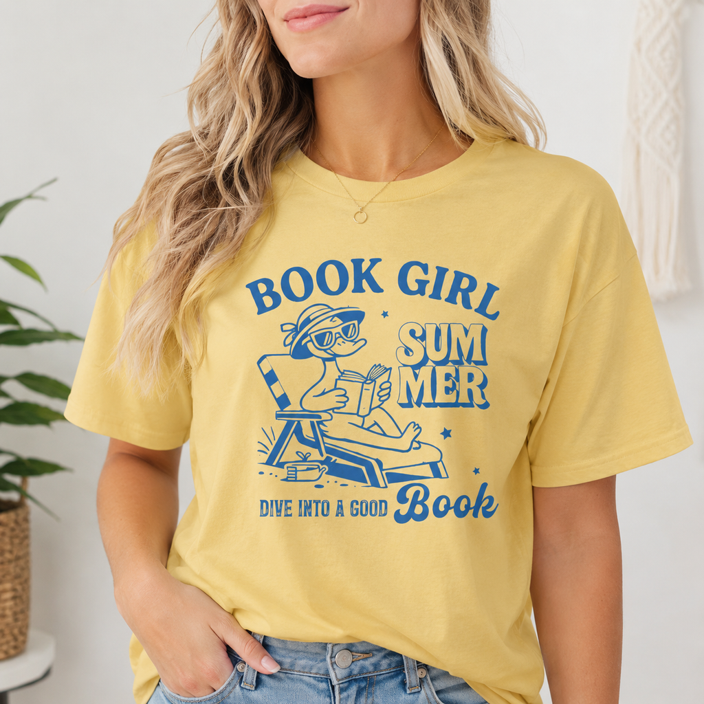Book Girl Summer Graphic Tee | Cute Reader Shirt for Women | Cozy Book Lover Summer T-Shirt | Comfort Colors Tee | Retro Beach Reading Tee