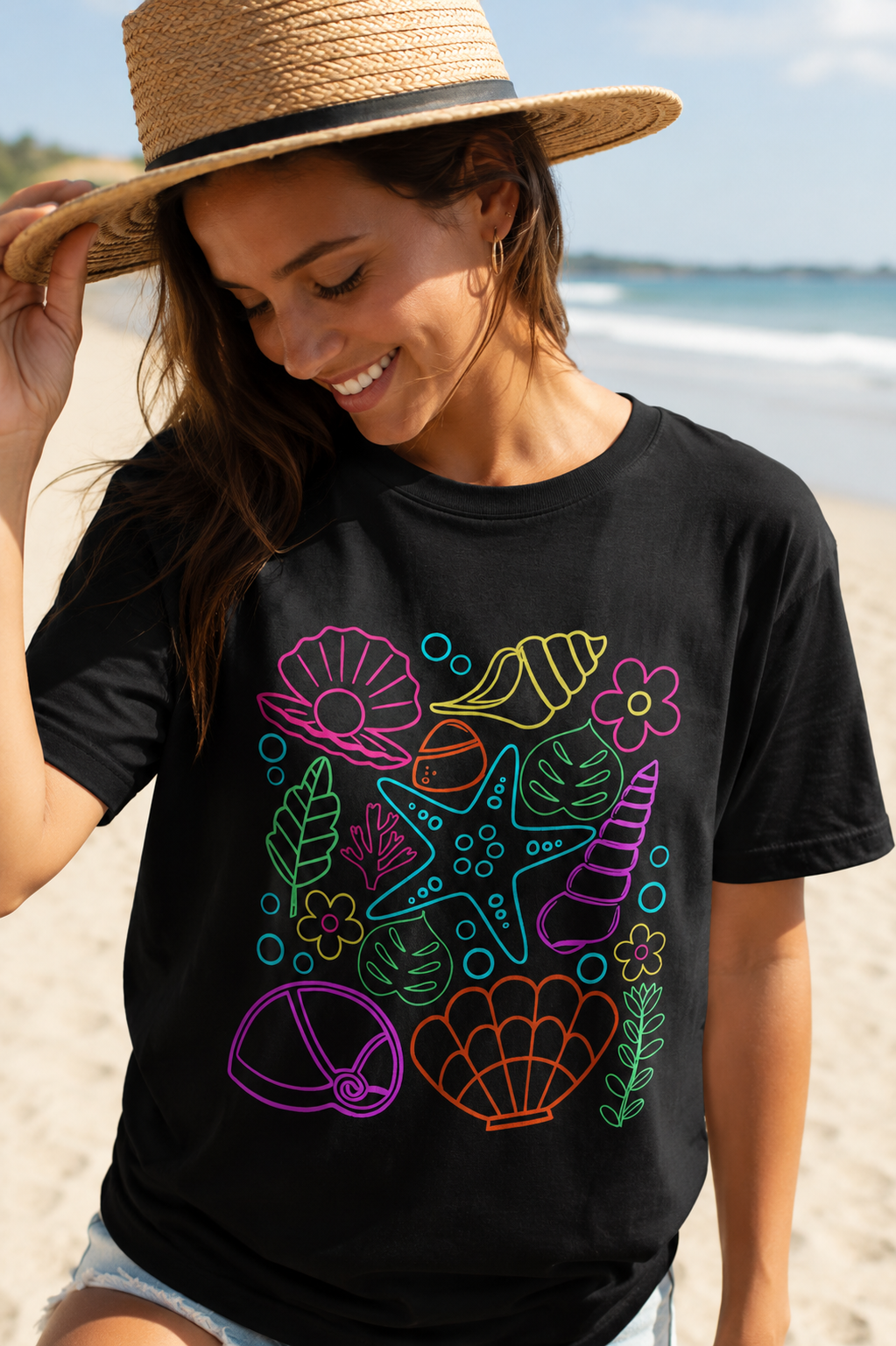 Neon Coastal Seashell Graphic Tee | Retro Beach Summer Shirt | Comfort Colors Ocean Aesthetic T-Shirt | Summer Tee