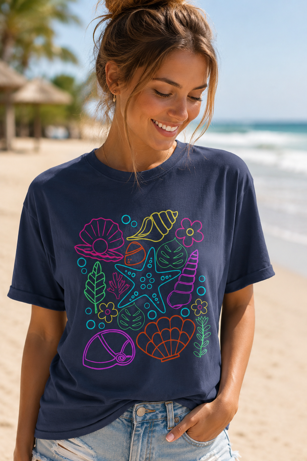Neon Coastal Seashell Graphic Tee | Retro Beach Summer Shirt | Comfort Colors Ocean Aesthetic T-Shirt | Summer Tee