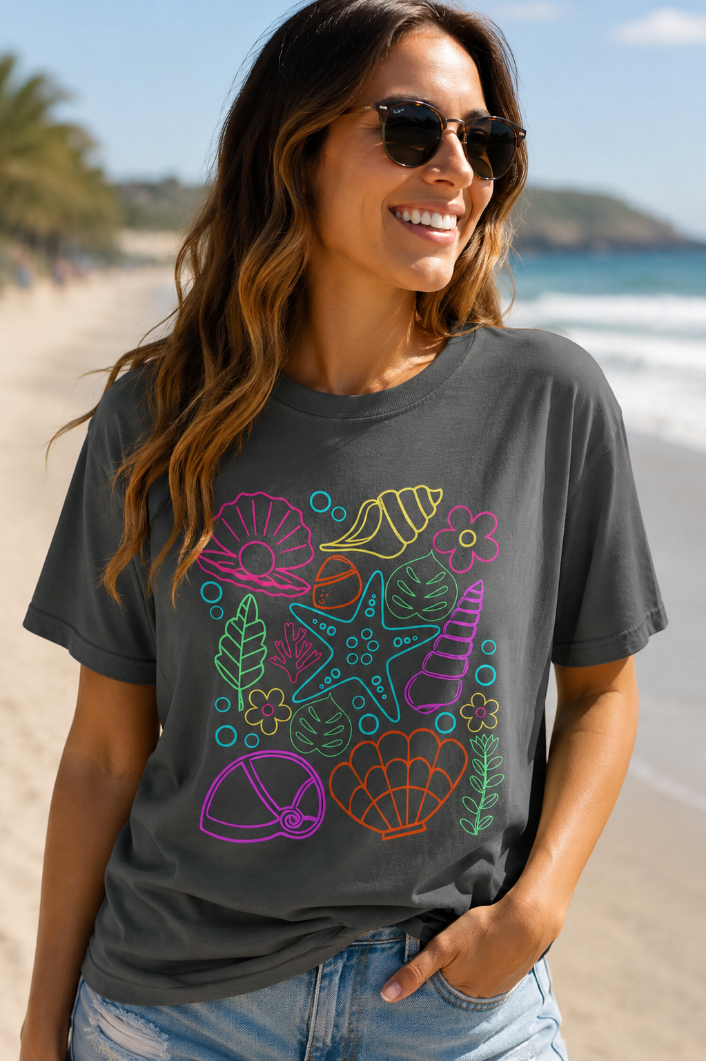 Neon Coastal Seashell Graphic Tee | Retro Beach Summer Shirt | Comfort Colors Ocean Aesthetic T-Shirt | Summer Tee