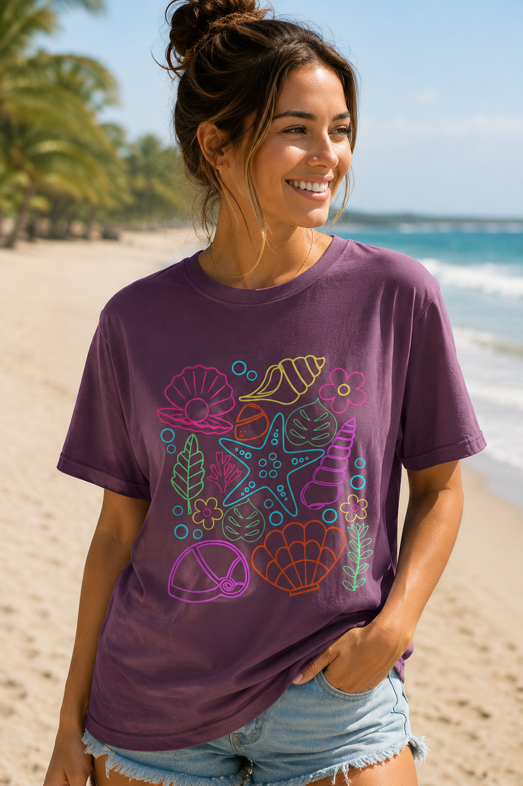 Neon Coastal Seashell Graphic Tee | Retro Beach Summer Shirt | Comfort Colors Ocean Aesthetic T-Shirt | Summer Tee