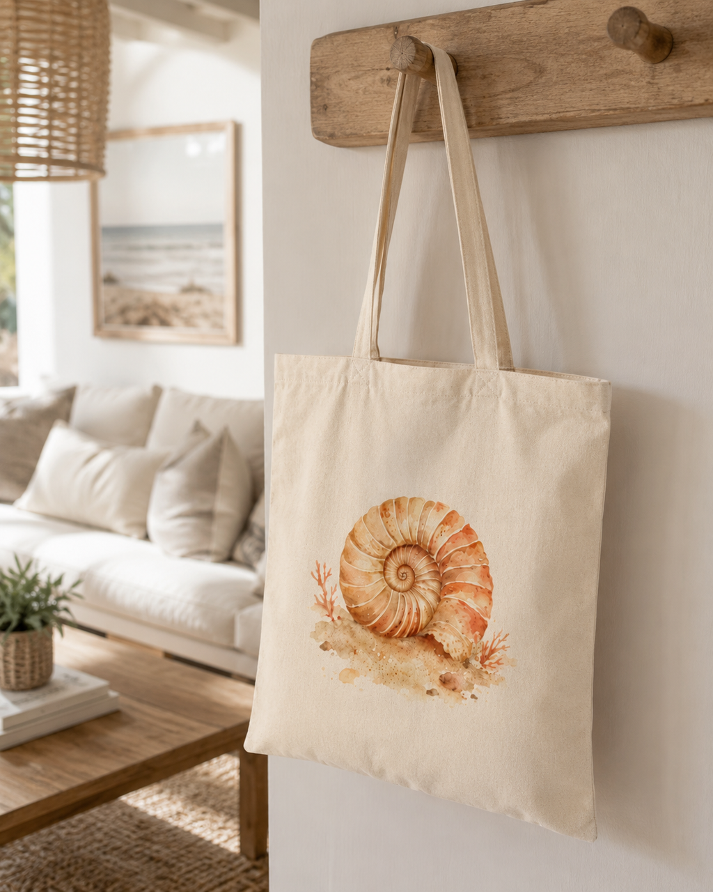 Coastal Ammonite Shell Tote Bag | Minimalist Beach House Canvas Tote | Neutral Ocean Aesthetic Bag | Beachy Coastal Shell Cotton Tote