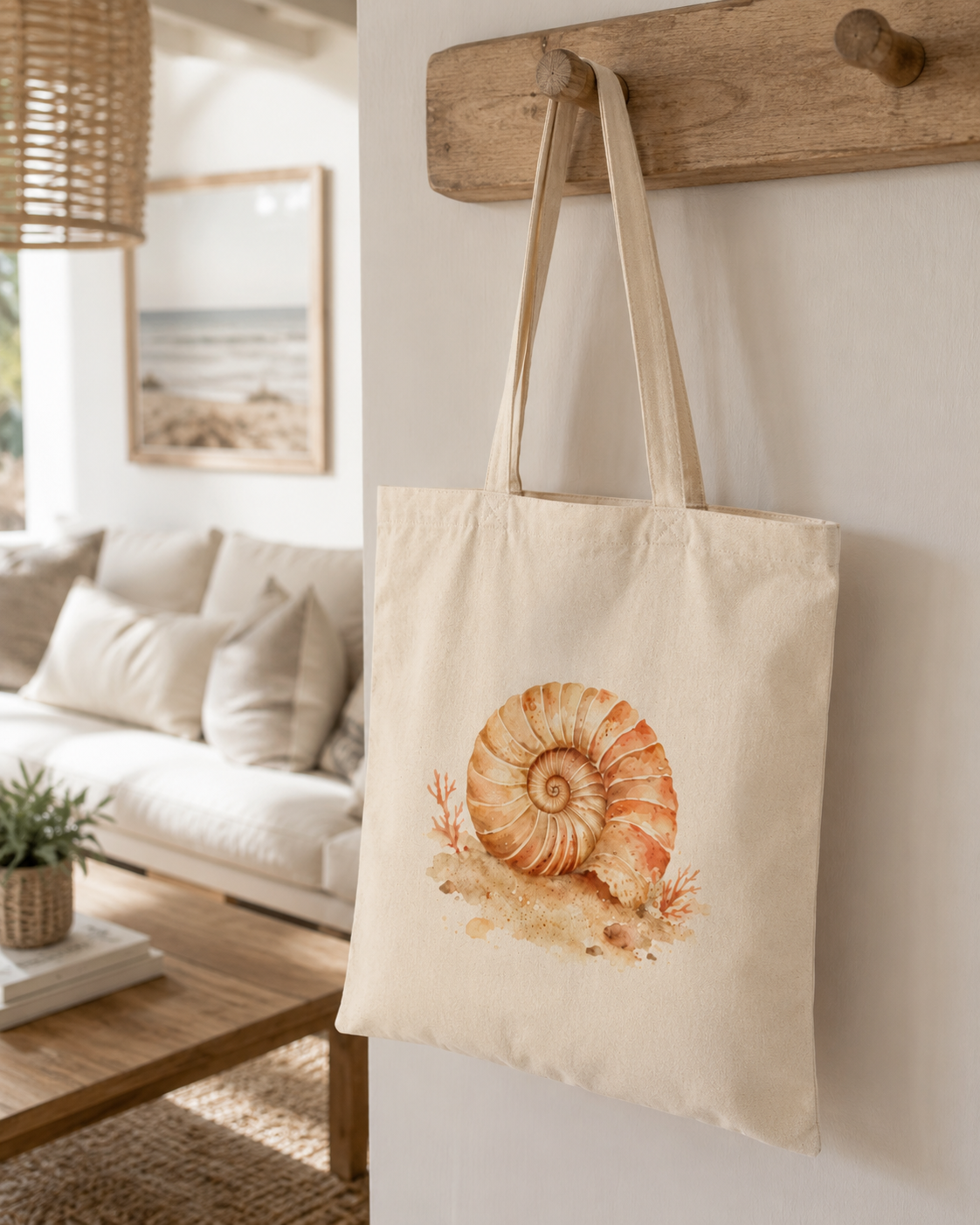 Coastal Ammonite Shell Tote Bag | Minimalist Beach House Canvas Tote | Neutral Ocean Aesthetic Bag | Beachy Coastal Shell Cotton Tote