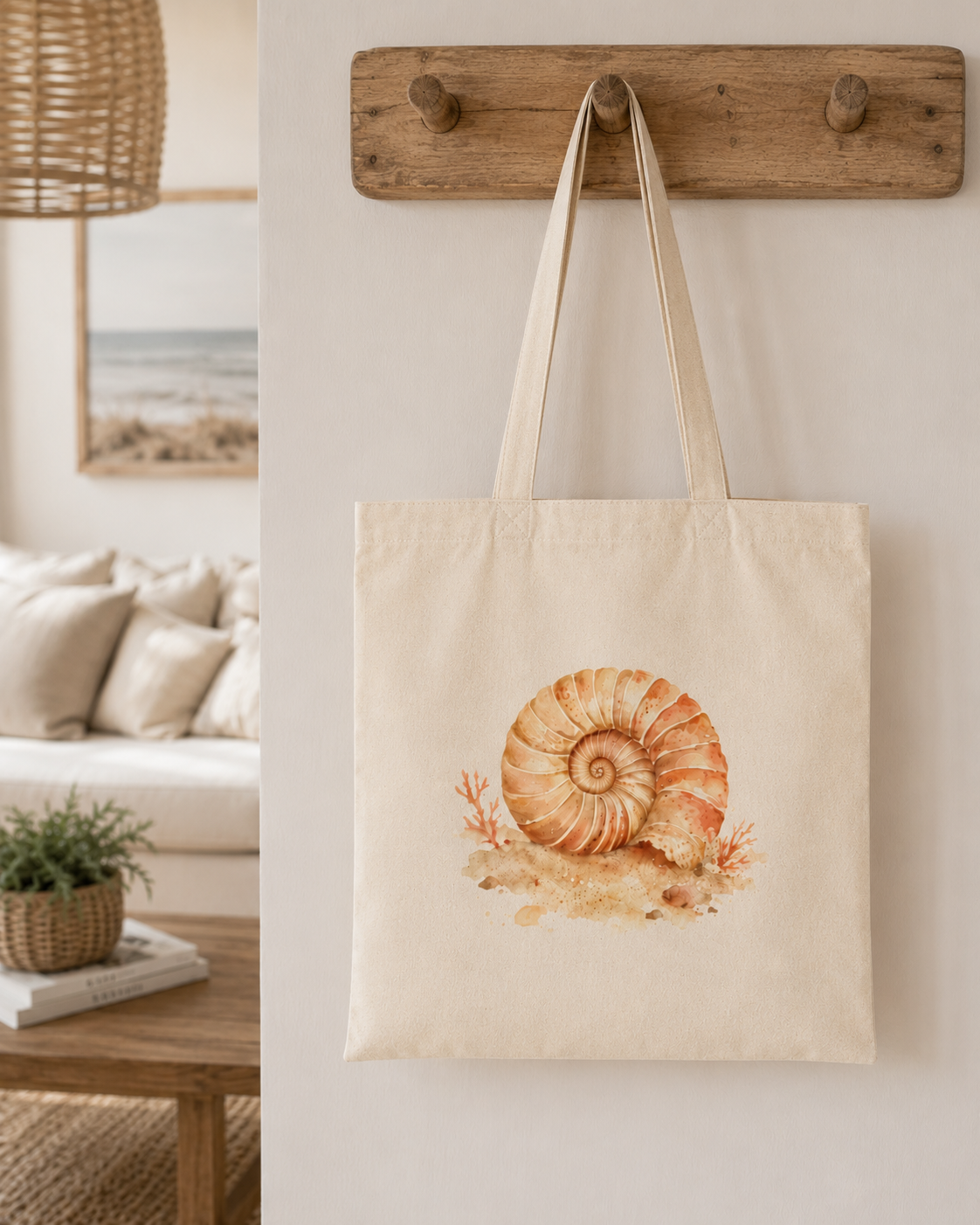 Coastal Ammonite Shell Tote Bag | Minimalist Beach House Canvas Tote | Neutral Ocean Aesthetic Bag | Beachy Coastal Shell Cotton Tote