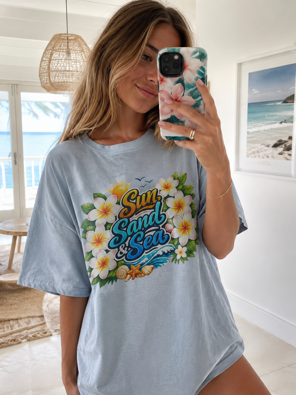 Sun Sand & Sea Beach Graphic T-Shirt | Tropical Summer Vacation Tee | Coastal Plumeria Floral Shirt | Lightweight Beachwear Top