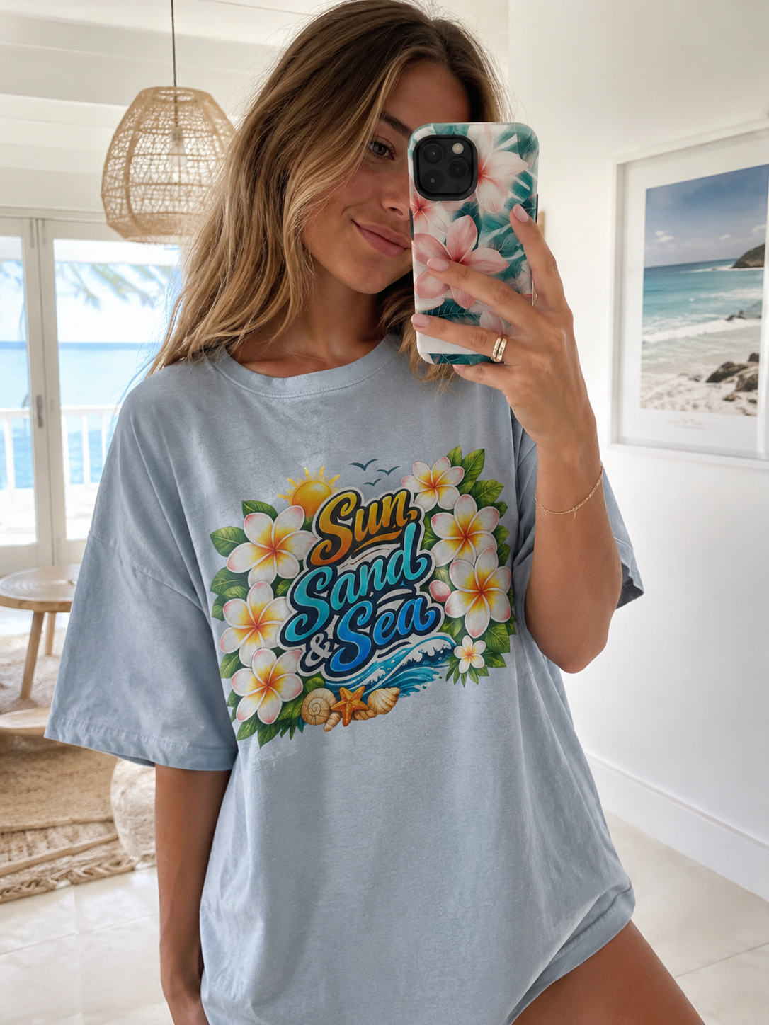 Sun Sand & Sea Beach Graphic T-Shirt | Tropical Summer Vacation Tee | Coastal Plumeria Floral Shirt | Lightweight Beachwear Top