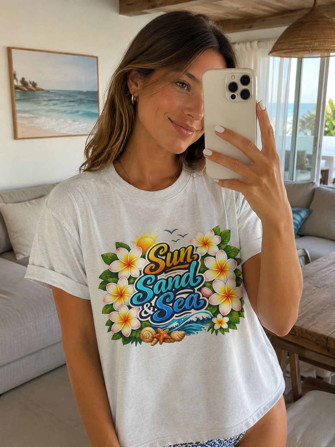 Sun Sand & Sea Beach Graphic T-Shirt | Tropical Summer Vacation Tee | Coastal Plumeria Floral Shirt | Lightweight Beachwear Top