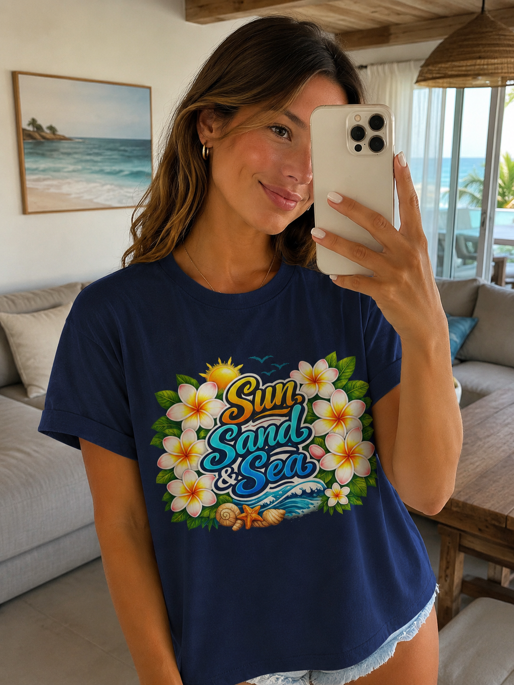 Sun Sand & Sea Beach Graphic T-Shirt | Tropical Summer Vacation Tee | Coastal Plumeria Floral Shirt | Lightweight Beachwear Top
