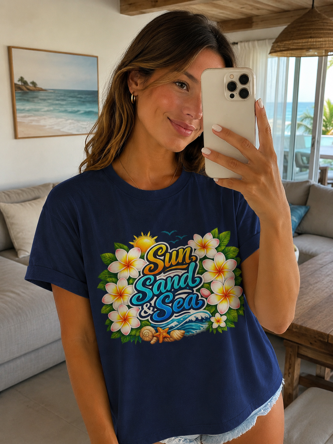 Sun Sand & Sea Beach Graphic T-Shirt | Tropical Summer Vacation Tee | Coastal Plumeria Floral Shirt | Lightweight Beachwear Top