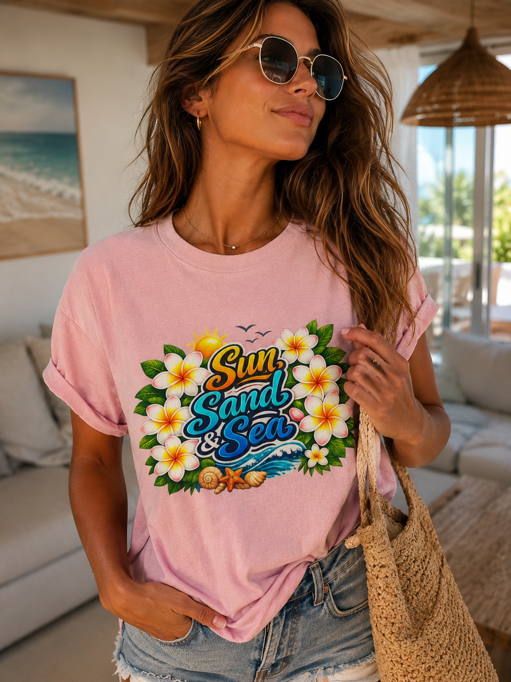 Sun Sand & Sea Beach Graphic T-Shirt | Tropical Summer Vacation Tee | Coastal Plumeria Floral Shirt | Lightweight Beachwear Top