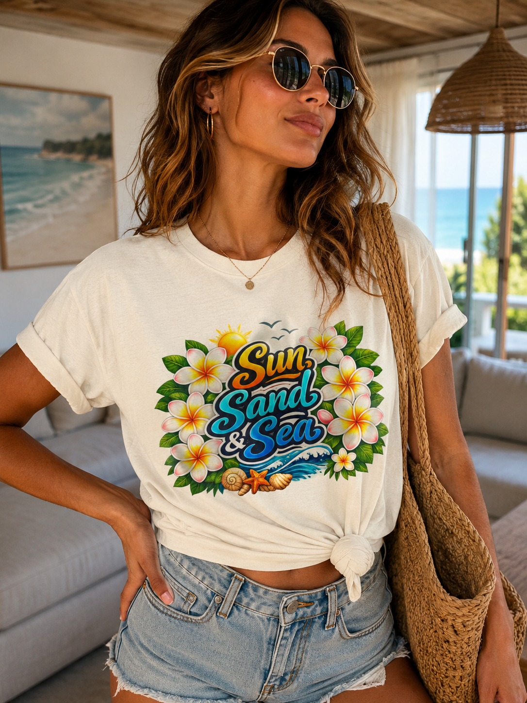 Sun Sand & Sea Beach Graphic T-Shirt | Tropical Summer Vacation Tee | Coastal Plumeria Floral Shirt | Lightweight Beachwear Top