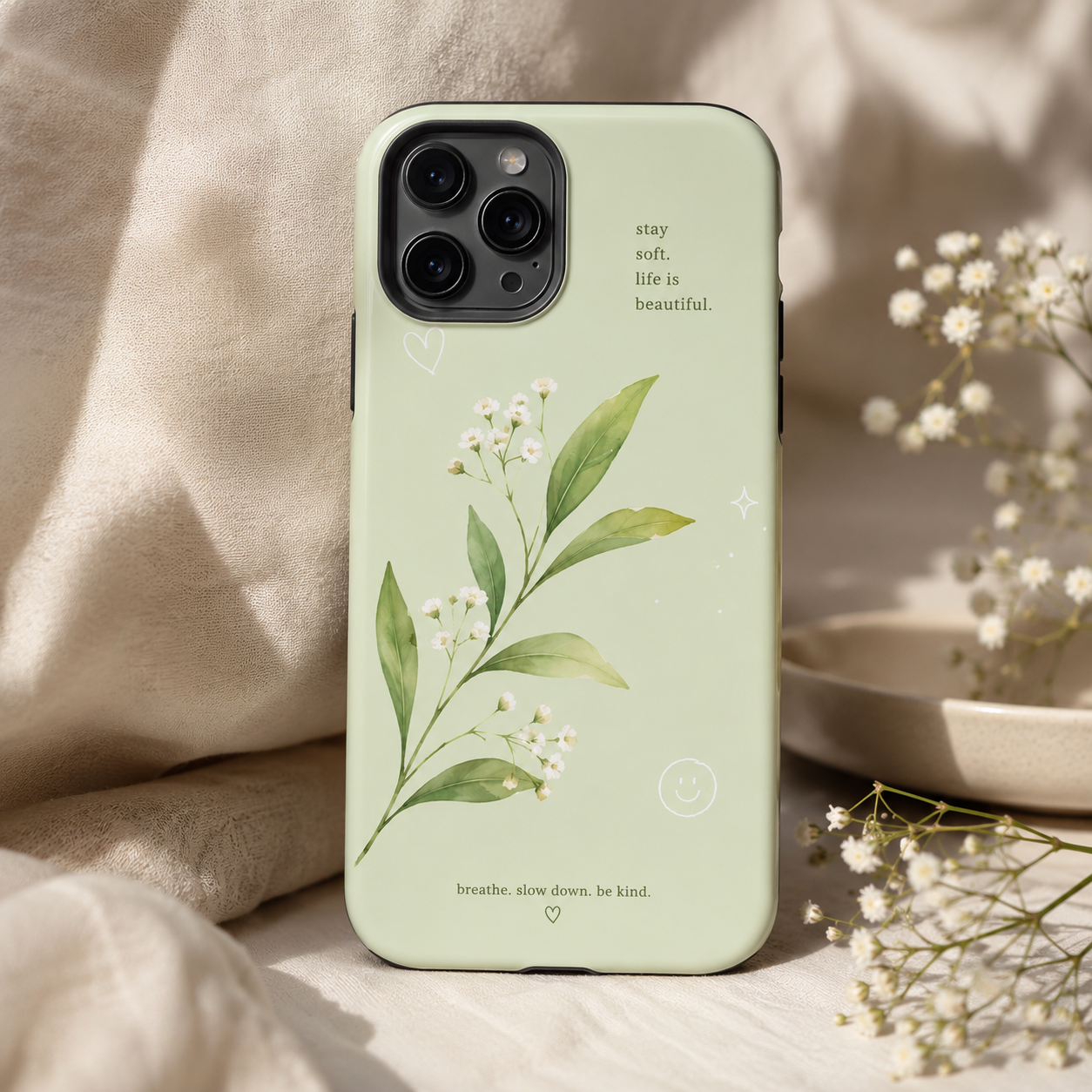Sage Green Botanical Phone Case | Minimal Floral Aesthetic iPhone Case | Soft Girl Cottagecore Cover | Tough Phone Case | Pastel Green Cover