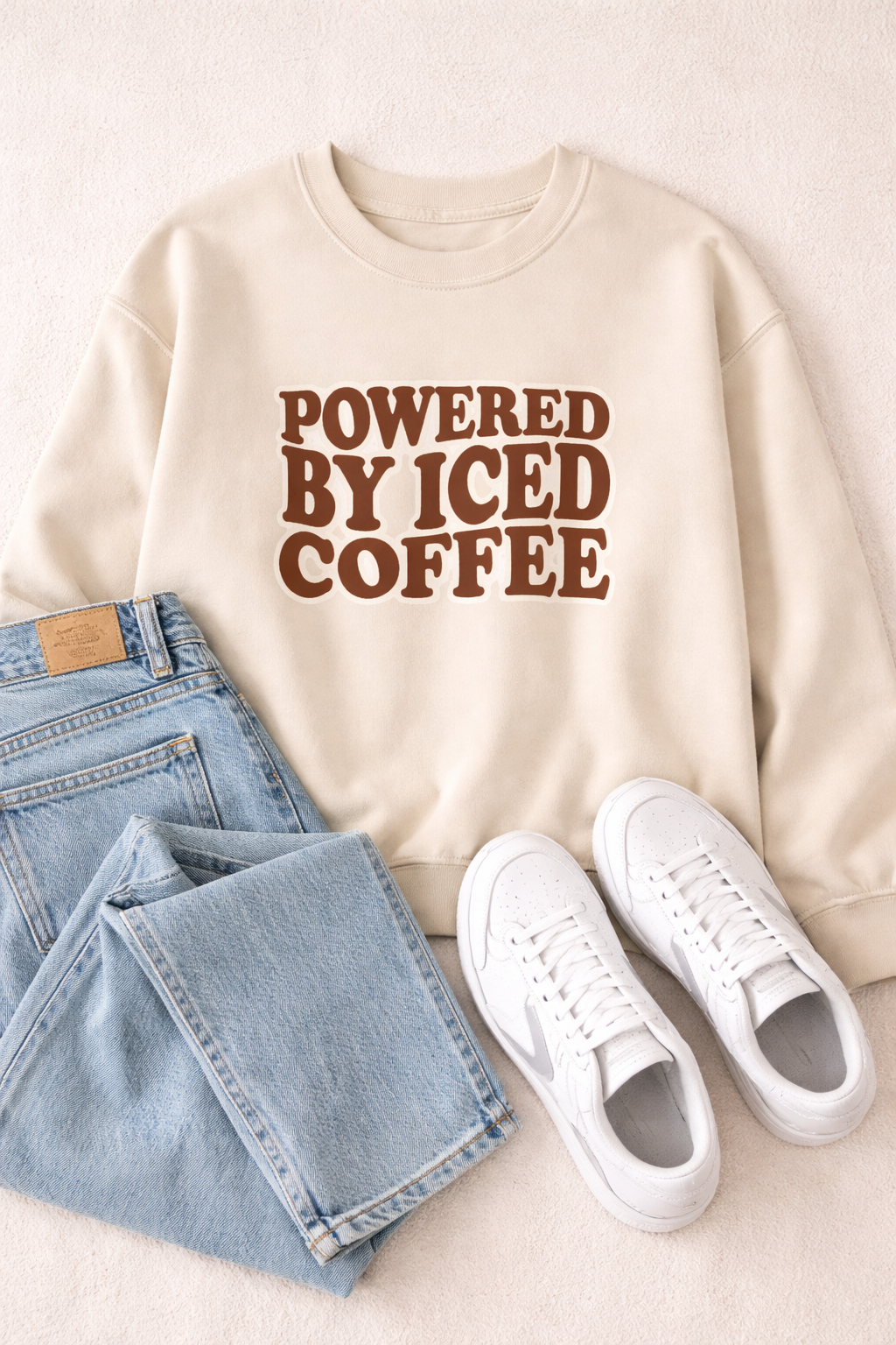 Powered by Iced Coffee Sweatshirt | Cozy Graphic Crewneck for Women | Soft Fleece Casual Pullover | Retro Coffee Lover Crewneck