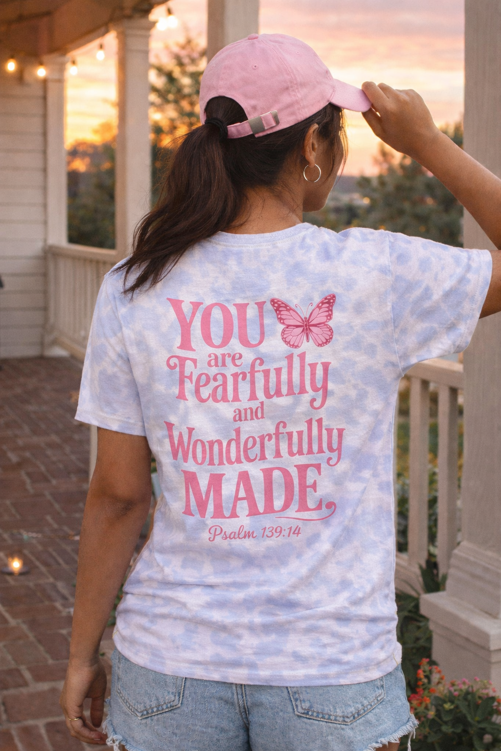 Faith Tie Dye T-Shirt | Fearfully and Wonderfully Made Christian Graphic Tee | Cute Pink Butterfly Bible Verse Shirt | Inspirational Psalm Shirt