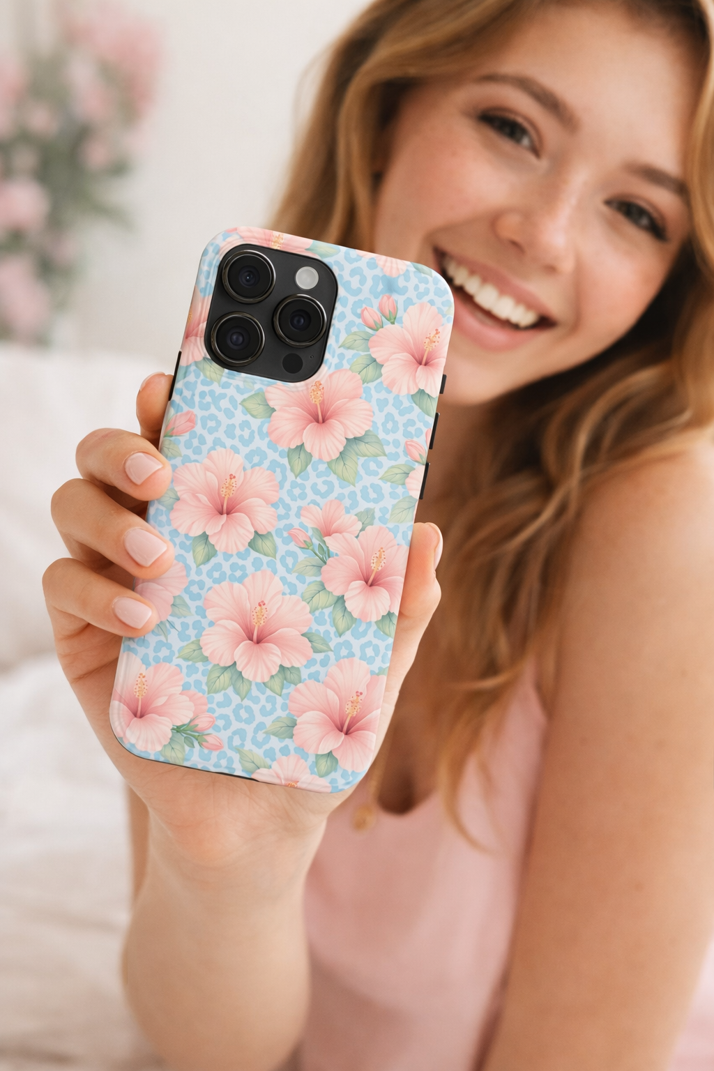 Tropical Hibiscus Phone Case | Pastel Floral Leopard Print iPhone 17 16 15 14 13 12 11 Case | Tough Protective Case for iPhone & Samsung