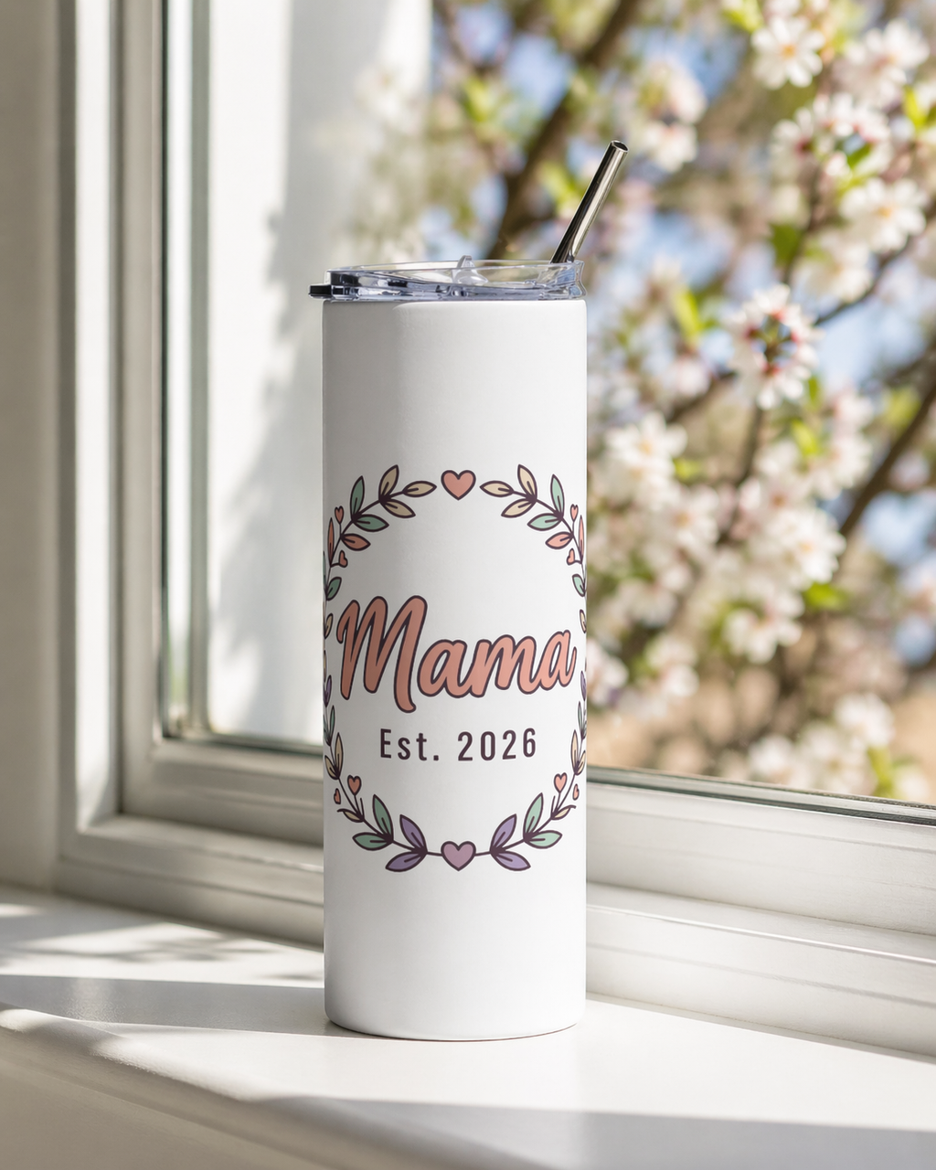 Mama Est. 2026 20oz Stainless Steel Tumbler — Floral Wreath Mom Gift