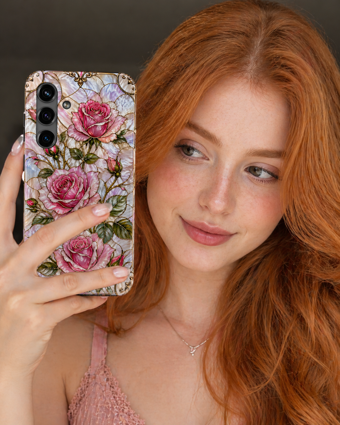Luxury Pink Roses Stained Glass Phone Case | Pearly Floral Design with Gold Details | iPhone & Samsung Protective Case | Pink Floral Protective Cover