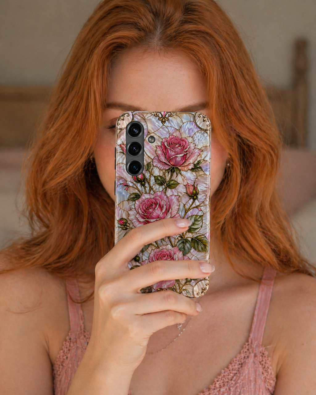 Luxury Pink Roses Stained Glass Phone Case | Pearly Floral Design with Gold Details | iPhone & Samsung Protective Case | Pink Floral Protective Cover