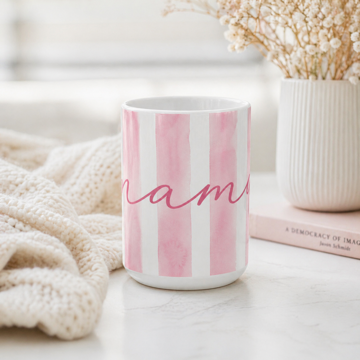 Pink Mama Mug | Cute Watercolor Striped Coffee Cup for Mom | 11oz & 15oz Gift Coffee Mug| Mother’s Day Mug