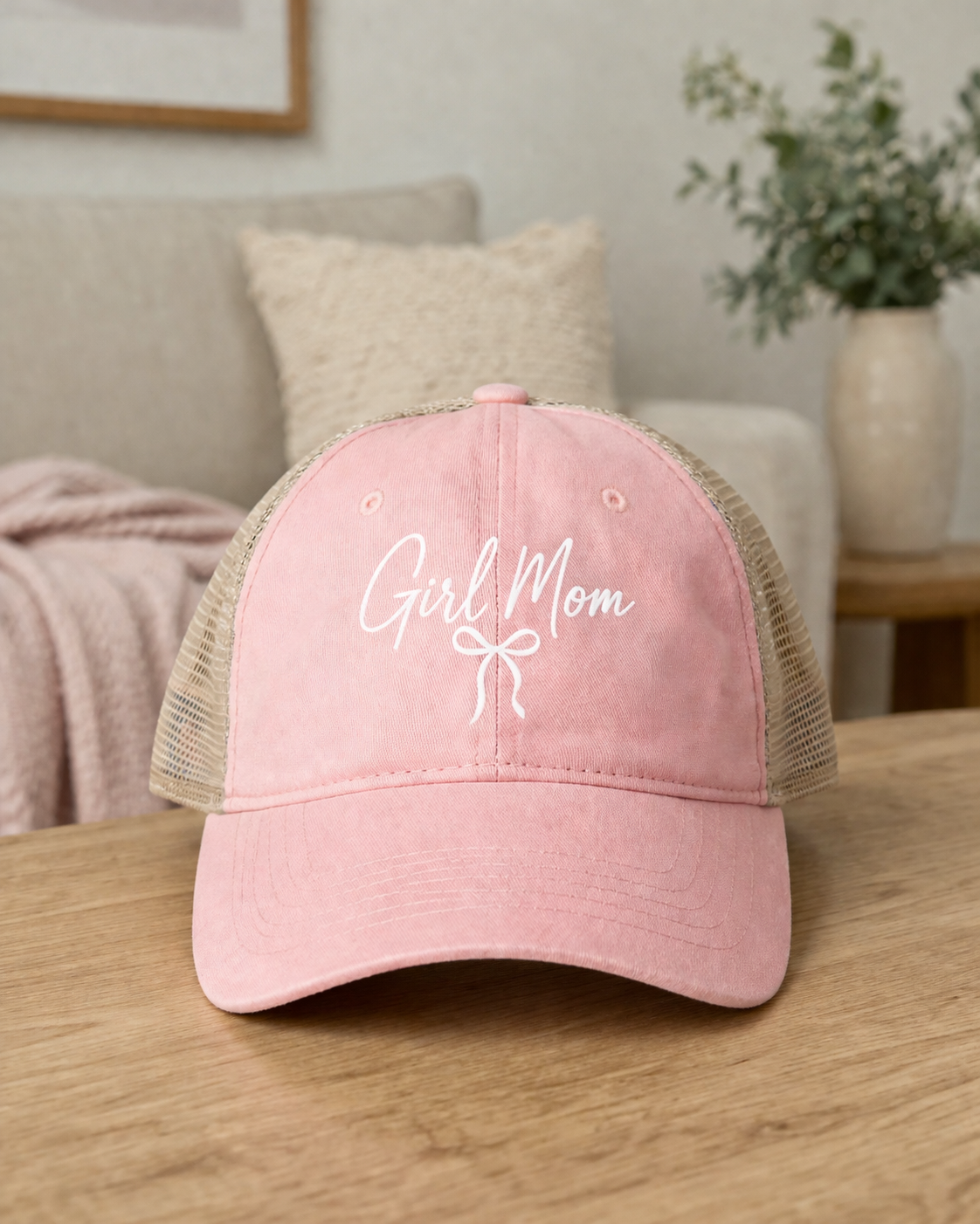 Girl Mom Hat | Dusty Rose Bow Cap | Cute Mom Hat Gift | Women's Washed Mesh-Back Cap | New Mom Gift