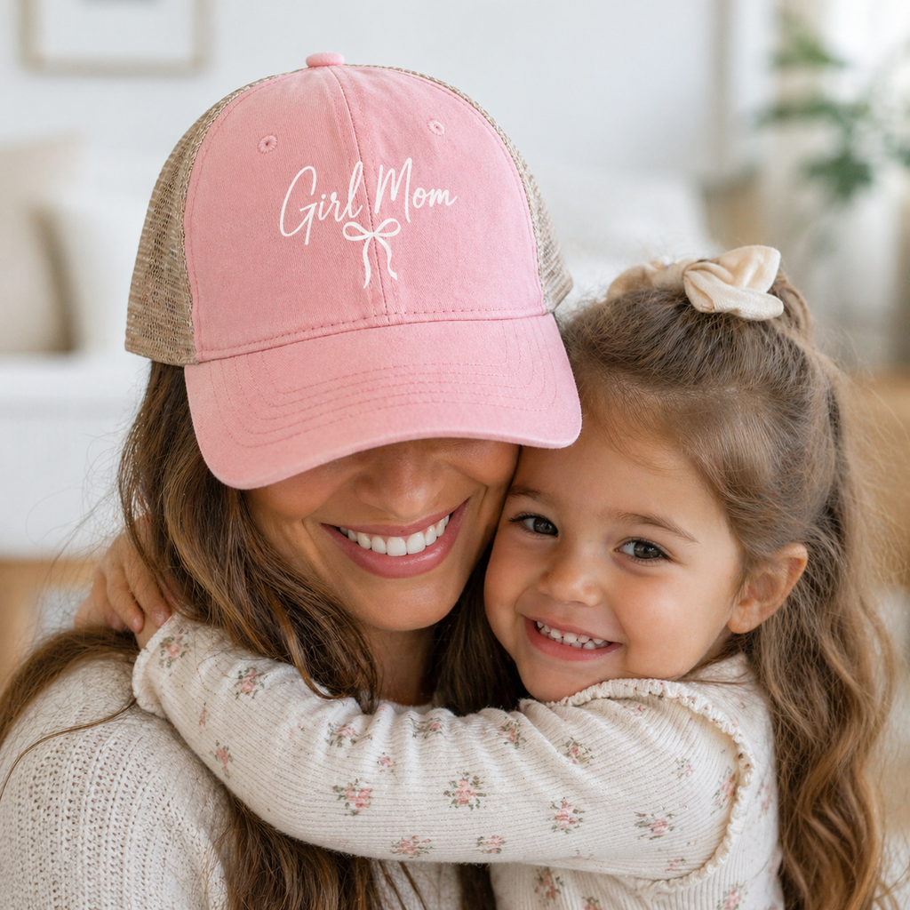 Girl Mom Hat | Dusty Rose Bow Cap | Cute Mom Hat Gift | Women's Washed Mesh-Back Cap | New Mom Gift