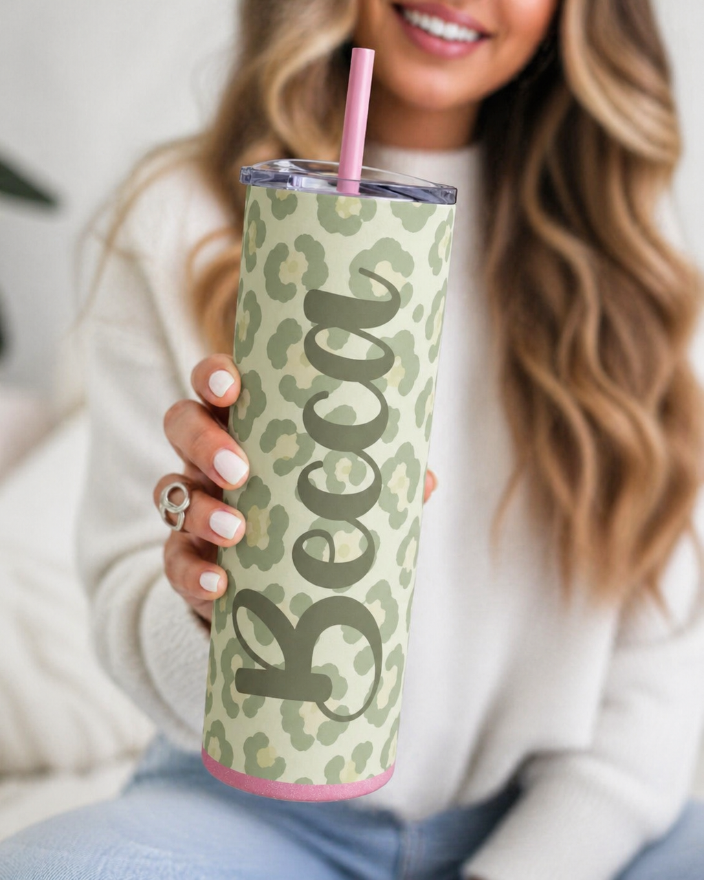 Custom Name Leopard Print Tumbler | Personalized 20oz Stainless Steel Skinny Tumbler with Straw | Trendy Aesthetic Gift for Her