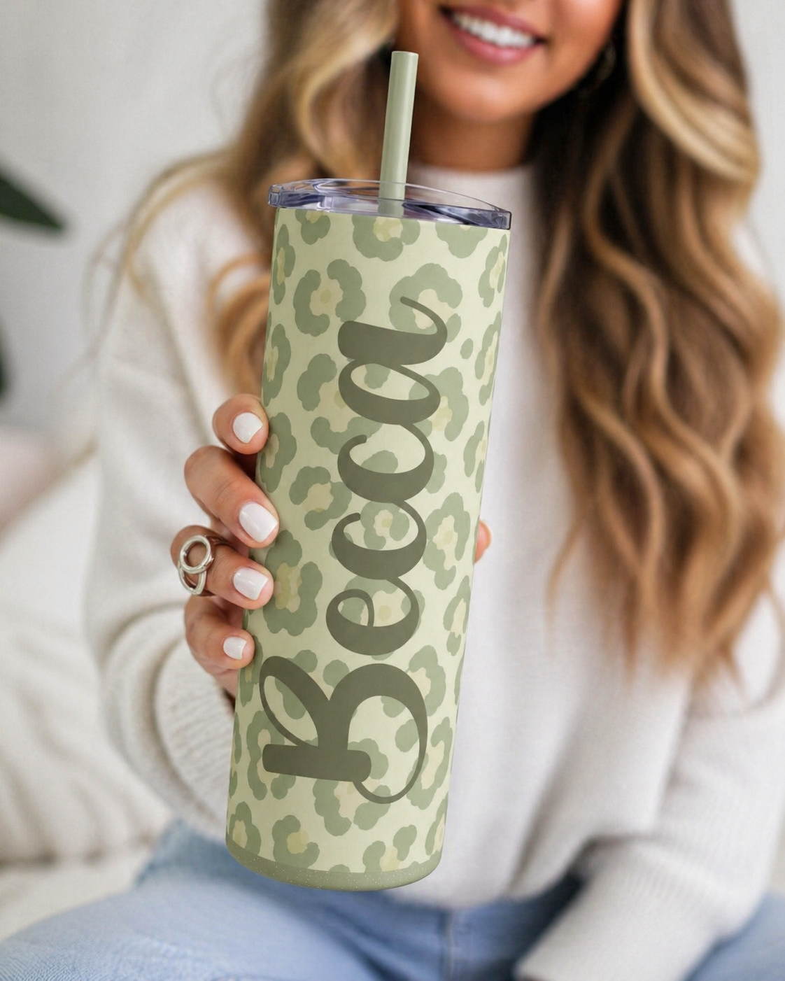 Custom Name Leopard Print Tumbler | Personalized 20oz Stainless Steel Skinny Tumbler with Straw | Trendy Aesthetic Gift for Her