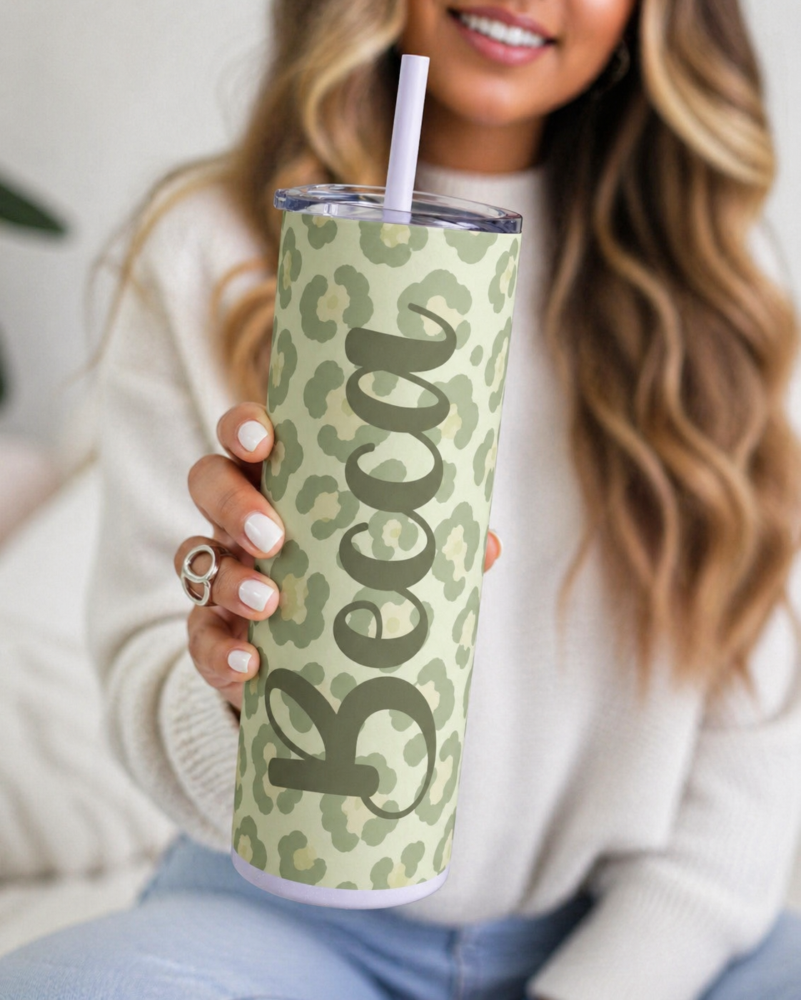 Custom Name Leopard Print Tumbler | Personalized 20oz Stainless Steel Skinny Tumbler with Straw | Trendy Aesthetic Gift for Her