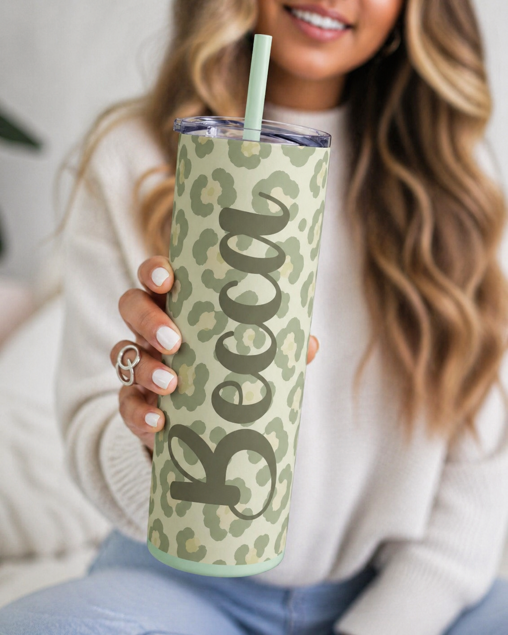 Custom Name Leopard Print Tumbler | Personalized 20oz Stainless Steel Skinny Tumbler with Straw | Trendy Aesthetic Gift for Her