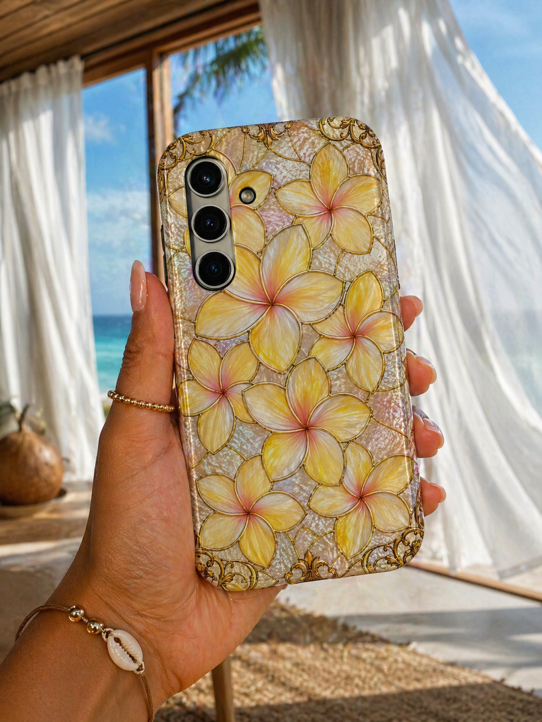 Luxury Plumeria Phone Case | Yellow & Pink Stained Glass Samsung Cover | Glossy Protective Case for iPhone & Samsung | Tough Phone Case | Tropical Floral Protective Cover