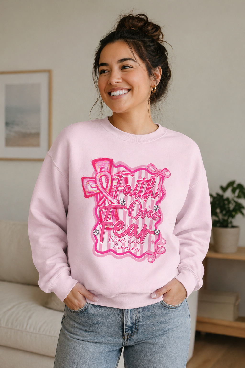 Faith Over Fear Breast Cancer Awareness Sweatshirt | Cozy Unisex Crewneck | Soft Pink Graphic Pullover | Support & Style Everyday
