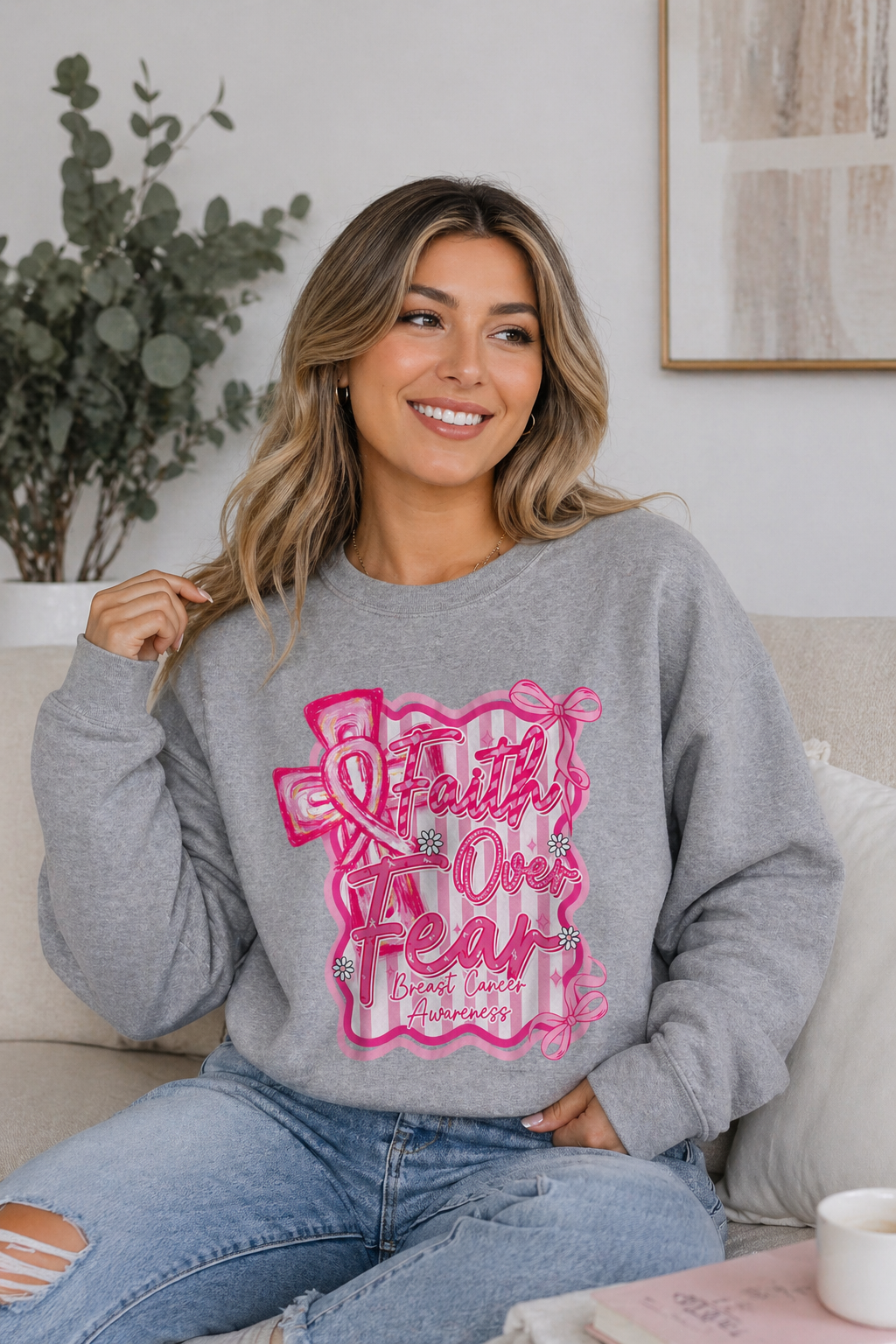 Faith Over Fear Breast Cancer Awareness Sweatshirt | Cozy Unisex Crewneck | Soft Pink Graphic Pullover | Support & Style Everyday