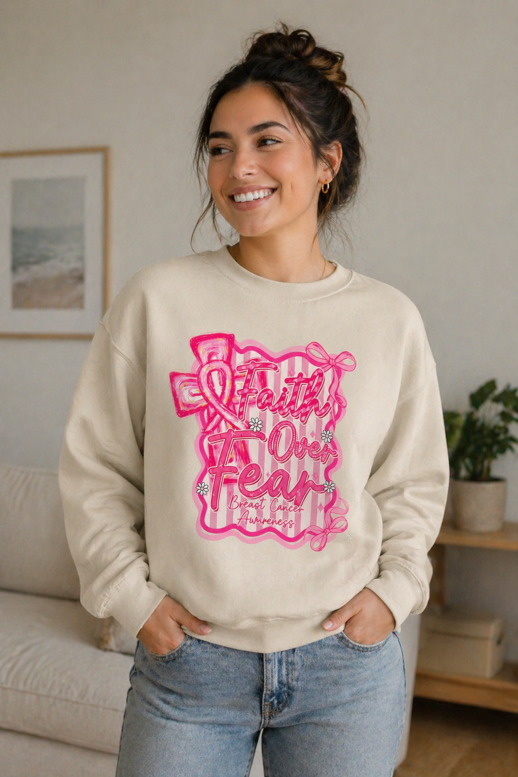Faith Over Fear Breast Cancer Awareness Sweatshirt | Cozy Unisex Crewneck | Soft Pink Graphic Pullover | Support & Style Everyday