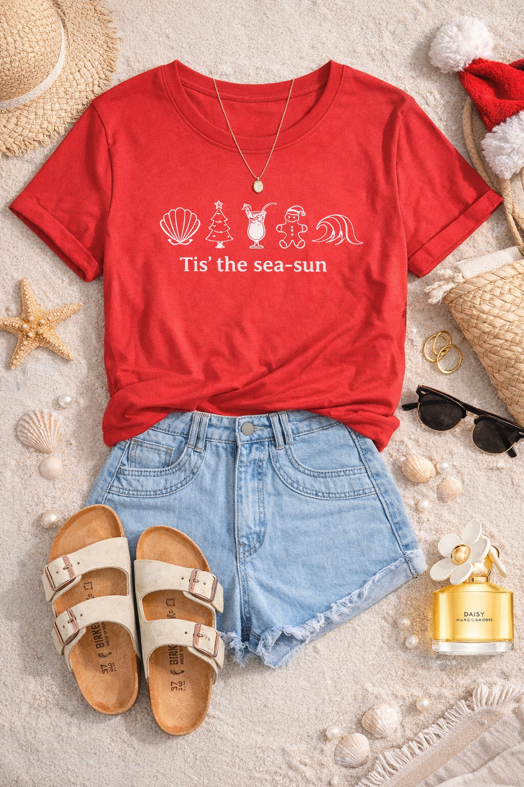 Tis’ the Sea-sun Graphic T-Shirt | Beach Vibes Summer Tee | Coastal Vacation Shirt for Women | Beach Holiday T-Shirt | Nautical Christmas Tee