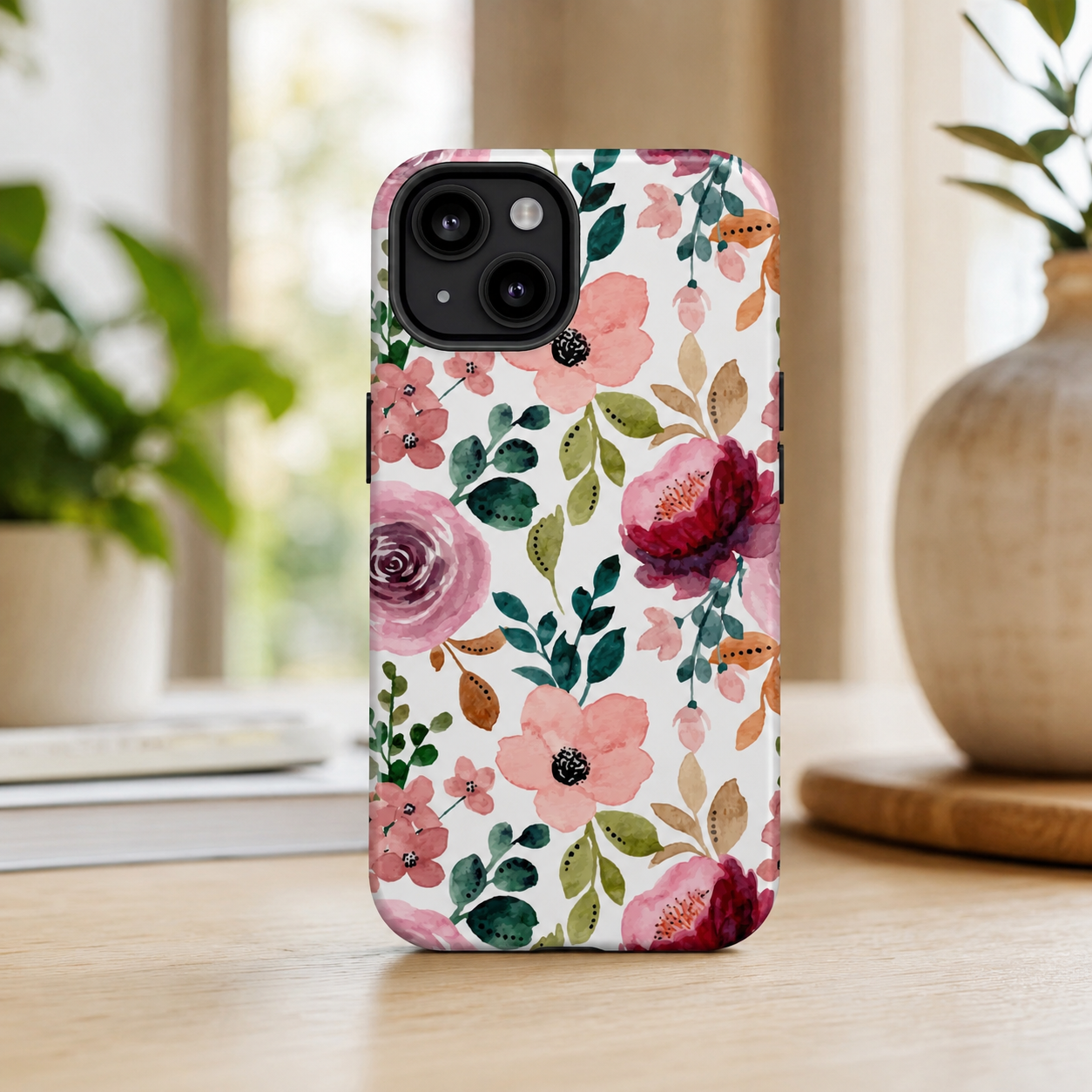 Floral Watercolor Phone Case for iPhone & Samsung | Pink Cottagecore Tough Case | Shockproof Protective Cute Floral Cover | Samsung Phone Cover
