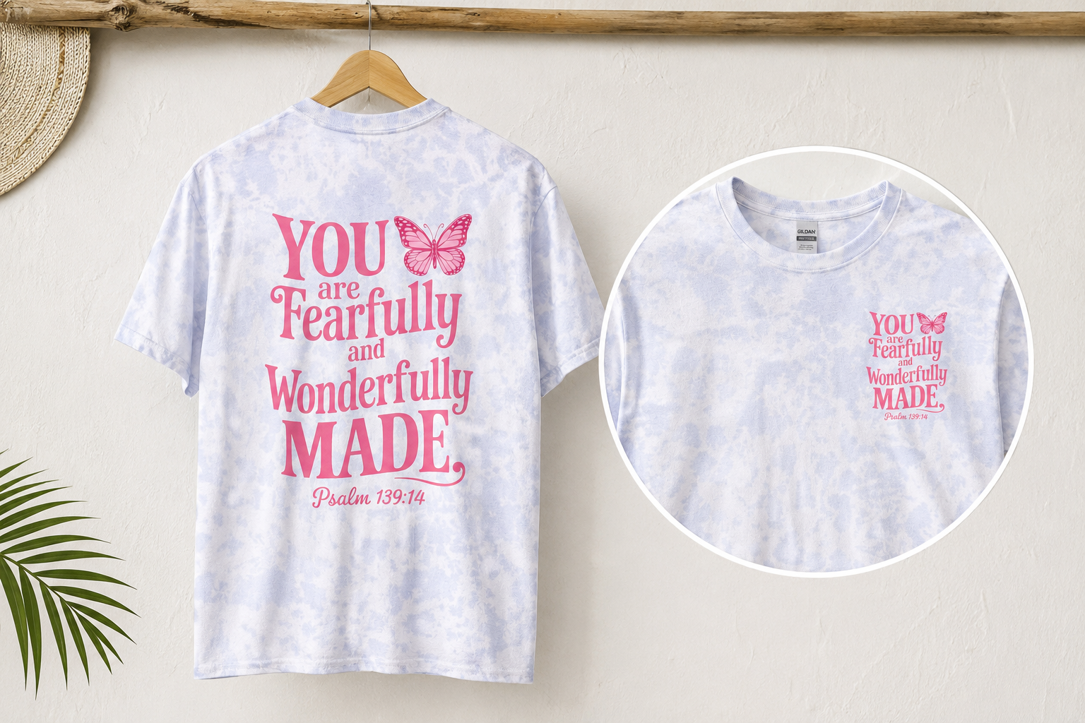 Faith Tie Dye T-Shirt | Fearfully and Wonderfully Made Christian Graphic Tee | Cute Pink Butterfly Bible Verse Shirt | Inspirational Psalm Shirt
