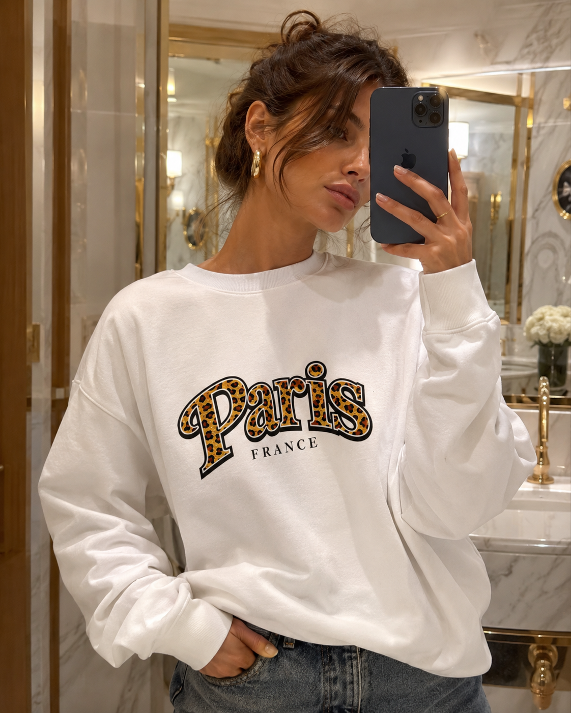 Paris Leopard Print Crewneck Sweatshirt | Trendy Parisian Crewneck Pullover | Cozy Aesthetic Graphic Sweatshirt for Women