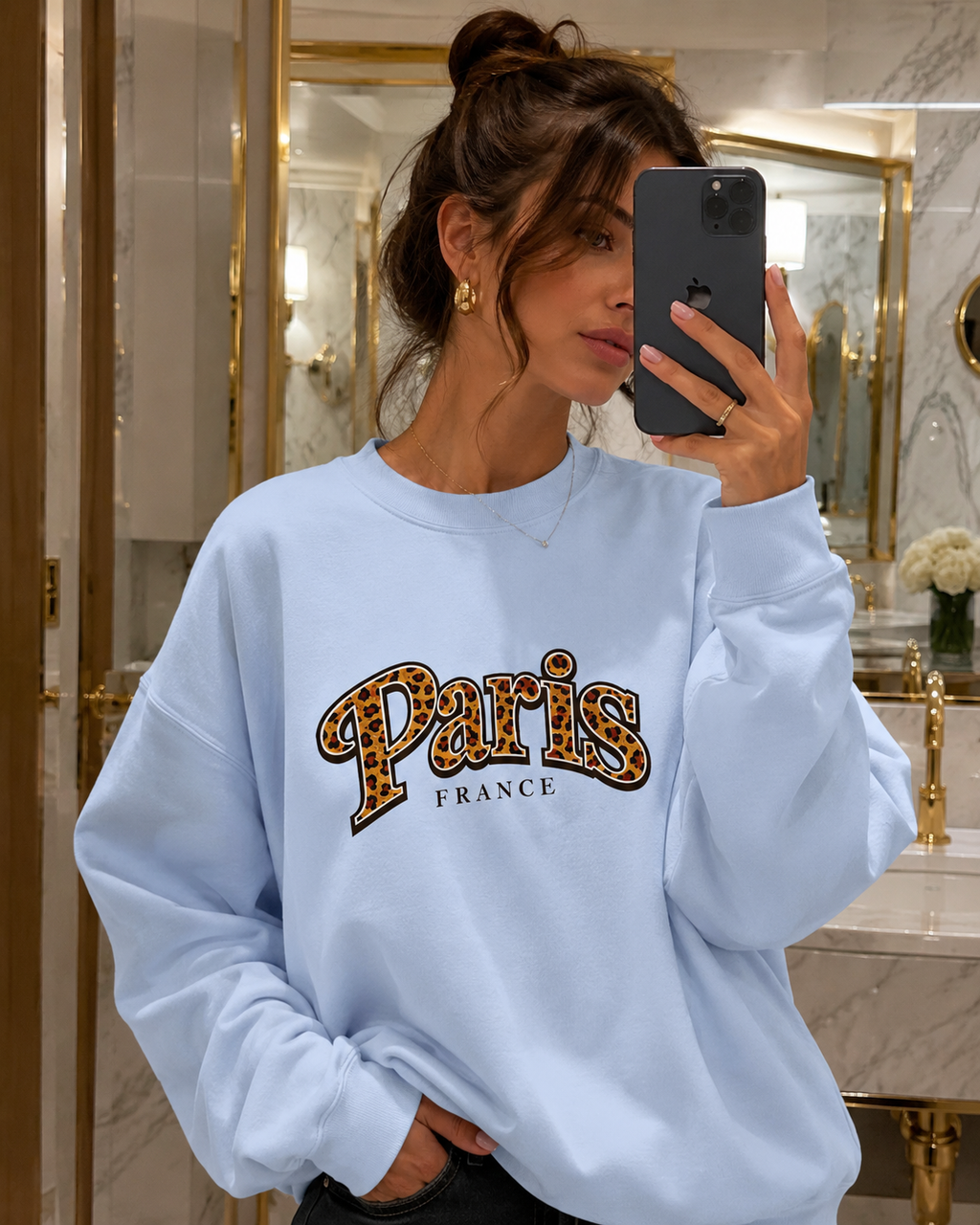 Paris Leopard Print Crewneck Sweatshirt | Trendy Parisian Crewneck Pullover | Cozy Aesthetic Graphic Sweatshirt for Women