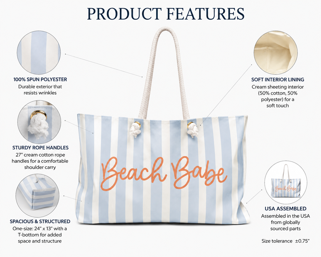 Beach Babe Coastal Weekender Tote Bag | Beach Bag with Rope Handles | Cute Blue Striped Vacation Tote | Weekender Bag