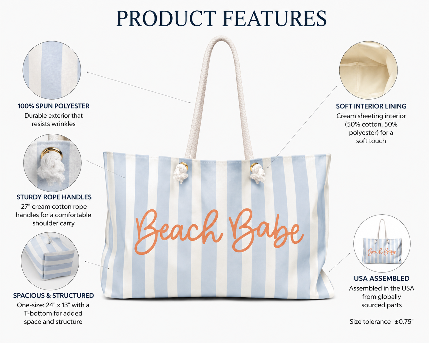 Beach Babe Coastal Weekender Tote Bag | Beach Bag with Rope Handles | Cute Blue Striped Vacation Tote | Weekender Bag