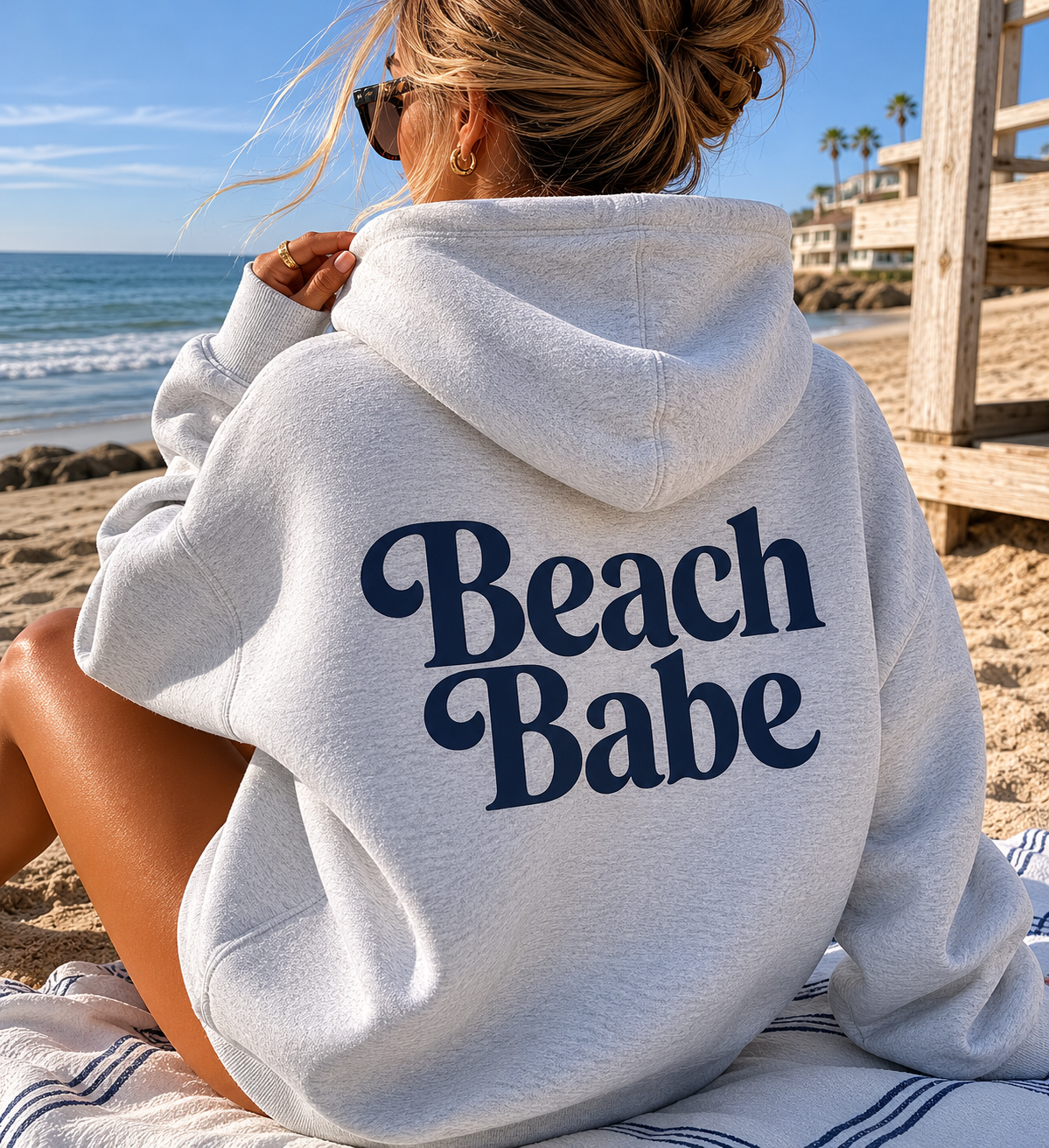 Beach Babe Hoodie | Coastal Retro Oversized Hoodie for Women | Trendy Beach Graphic Pullover Sweatshirt