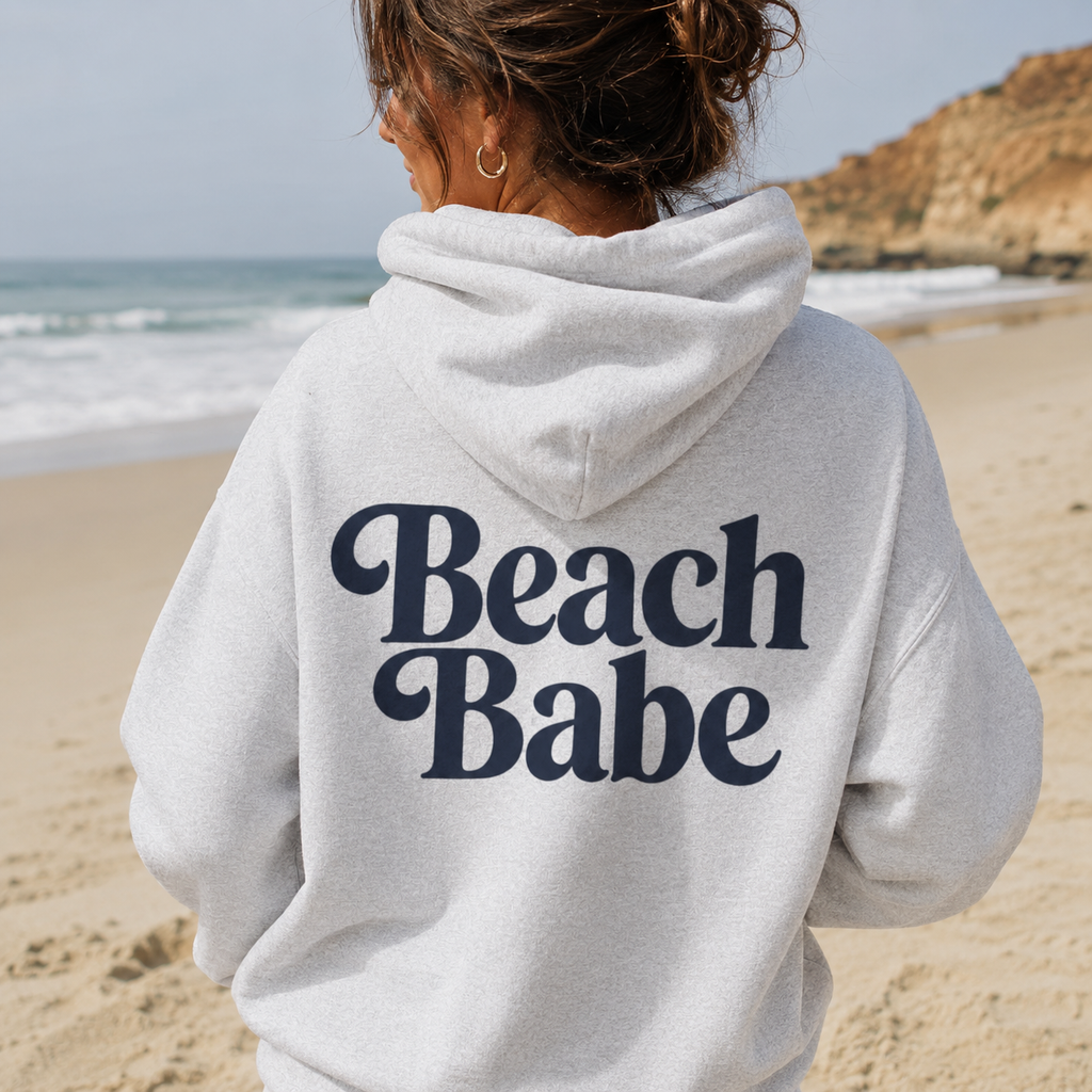 Beach Babe Hoodie | Coastal Retro Oversized Hoodie for Women | Trendy Beach Graphic Pullover Sweatshirt
