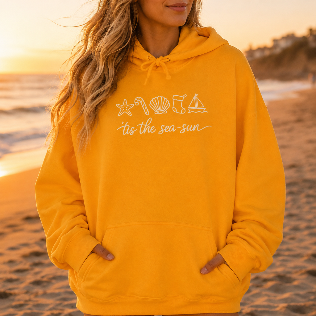 Christmas Beach Hoodie | ‘Tis the Sea-Sun Coastal Holiday Hoodie | Beach Christmas Sweatshirt | Cute Nautical Winter Pullover Gift for Women