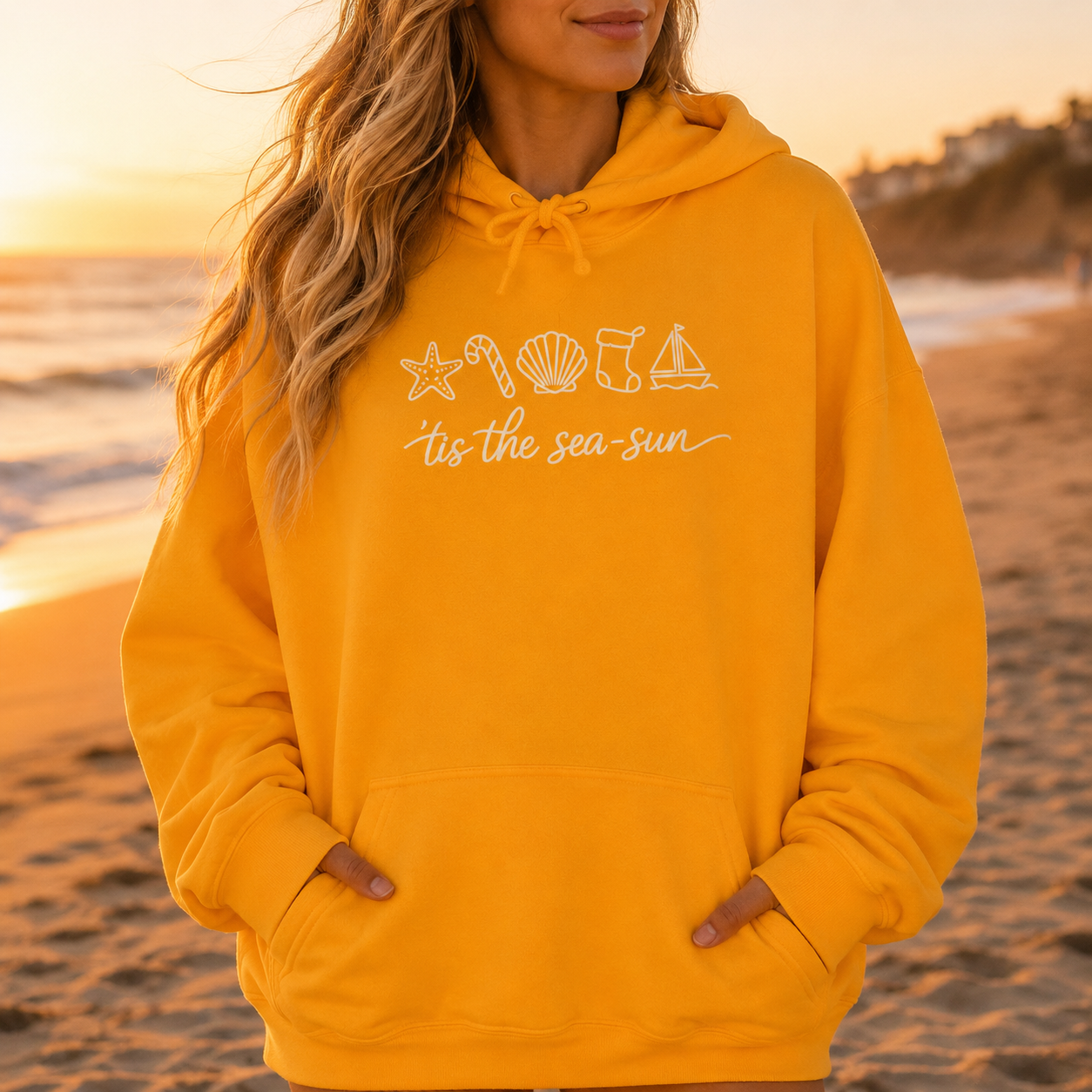 Christmas Beach Hoodie | ‘Tis the Sea-Sun Coastal Holiday Hoodie | Beach Christmas Sweatshirt | Cute Nautical Winter Pullover Gift for Women