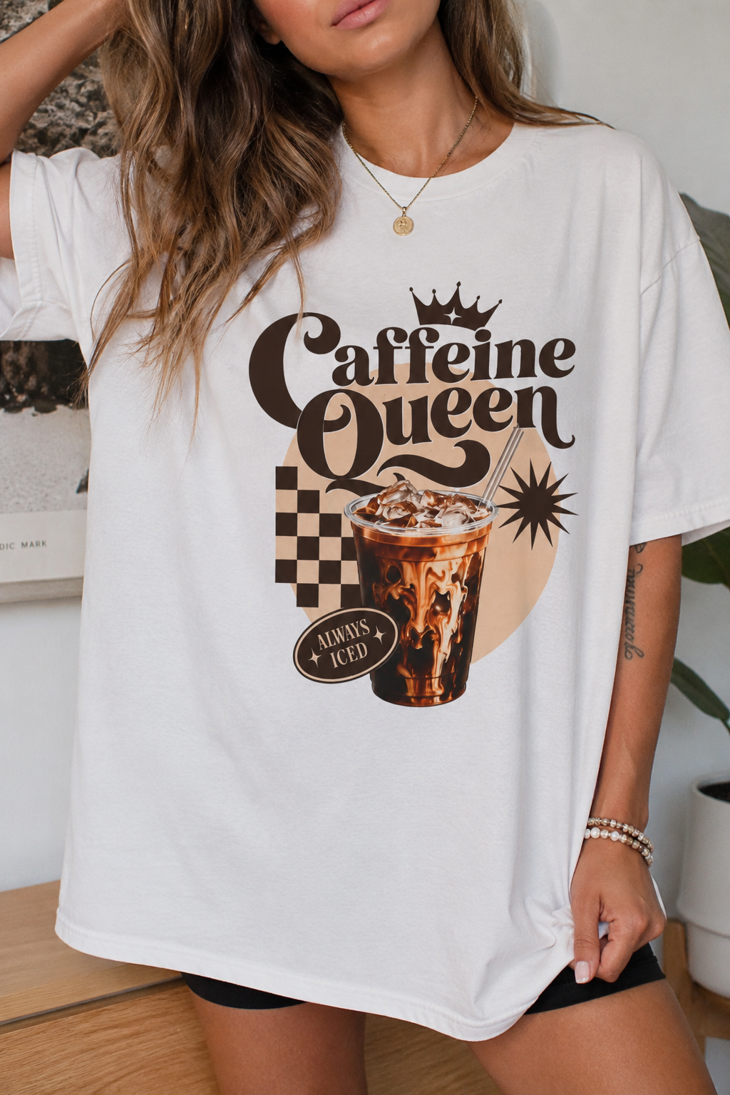 Caffeine Queen Graphic Tee | Trendy Retro Iced Coffee Shirt for Women | Aesthetic Coffee Lover T-Shirt | Comfort Colors Inspired Casual Outfit