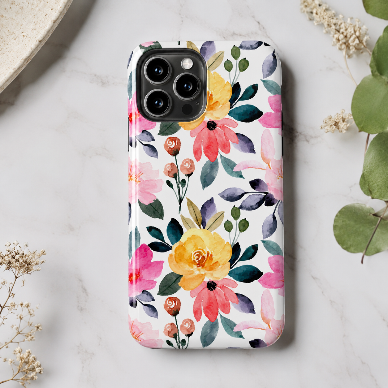 Floral Phone Case for iPhone & Samsung | Pink & Yellow Wildflower Protective Case | Feminine Cottagecore Garden Phone Cover | Tough Phone Case