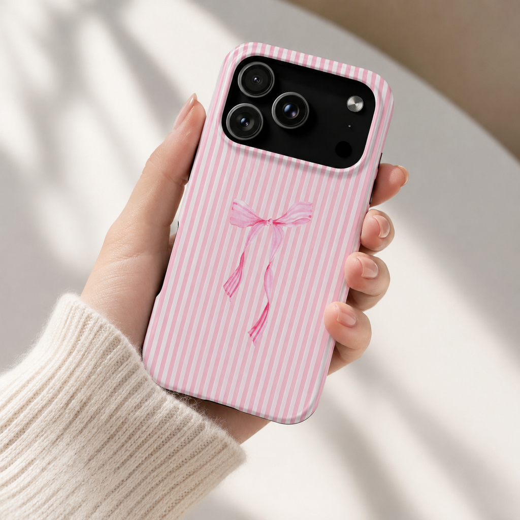 Pink Coquette Bow Phone Case | Cute Pink Stripe Aesthetic iPhone & Samsung Case | Feminine Girly Protective Phone Cover