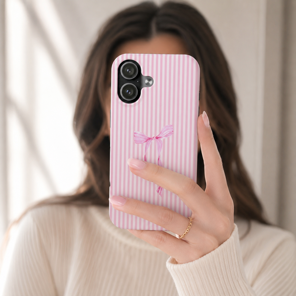 Pink Coquette Bow Phone Case | Cute Pink Stripe Aesthetic iPhone & Samsung Case | Feminine Girly Protective Phone Cover