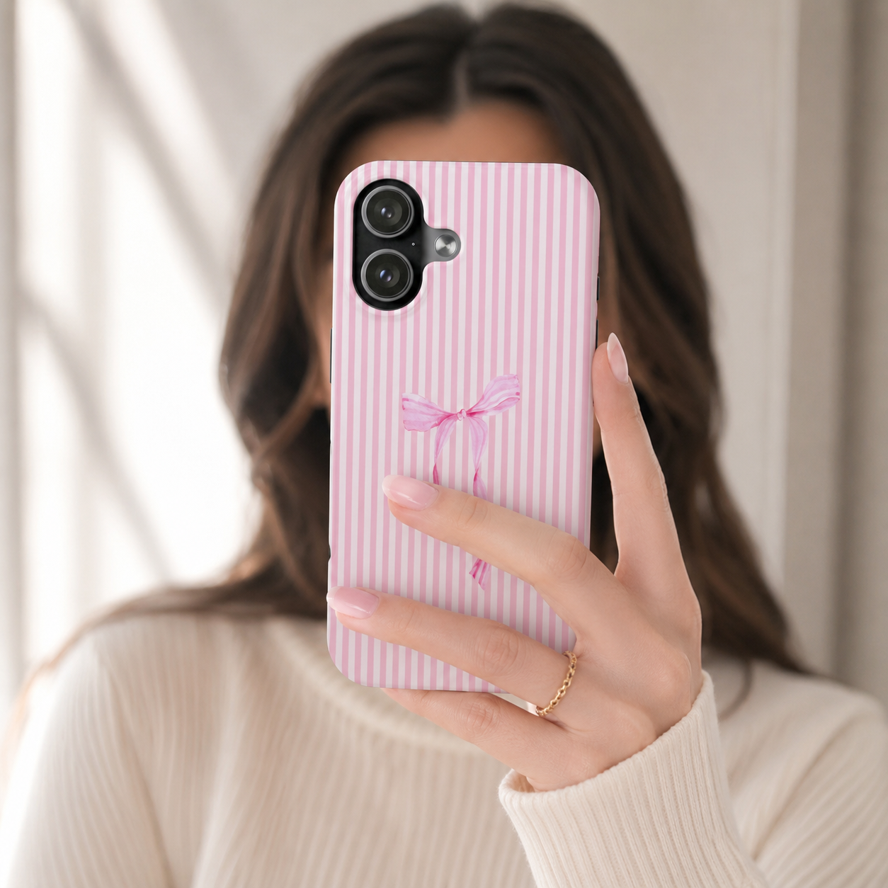 Pink Coquette Bow Phone Case | Cute Pink Stripe Aesthetic iPhone & Samsung Case | Feminine Girly Protective Phone Cover