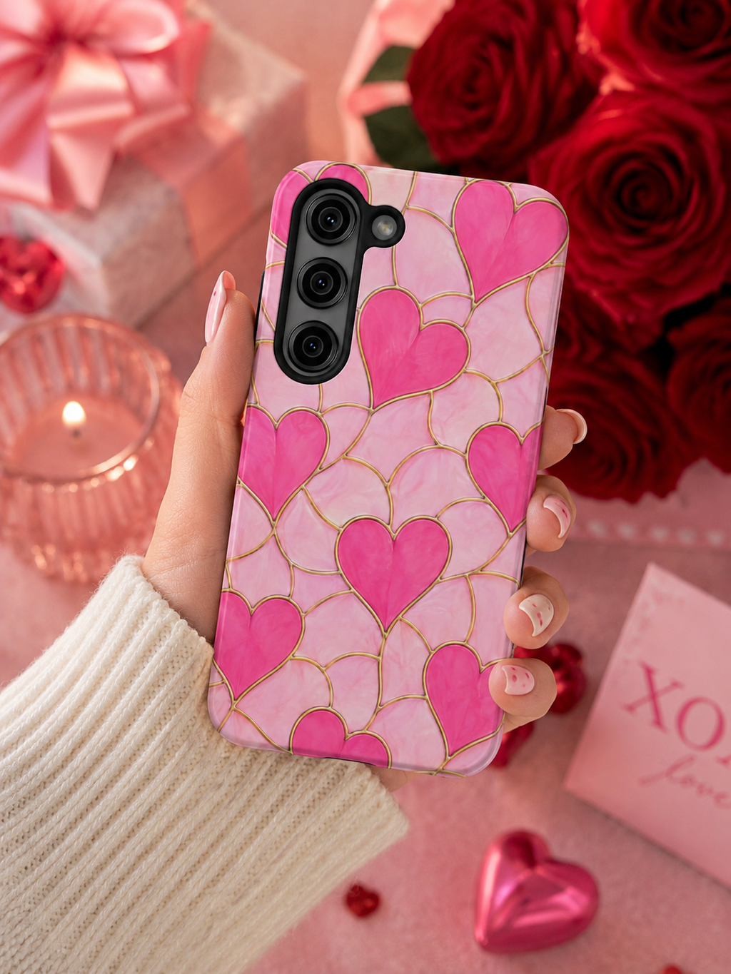 Pink Heart Faux Stained Glass Phone Case | Cute Valentine’s Day iPhone & Samsung Case | Girly Pink Hearts Aesthetic Protective Cover